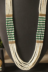 White and Green Braided Beads  Layer Necklace Set Embellished with Gold Finish Metal Accents