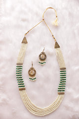 White and Green Braided Beads  Layer Necklace Set Embellished with Gold Finish Metal Accents