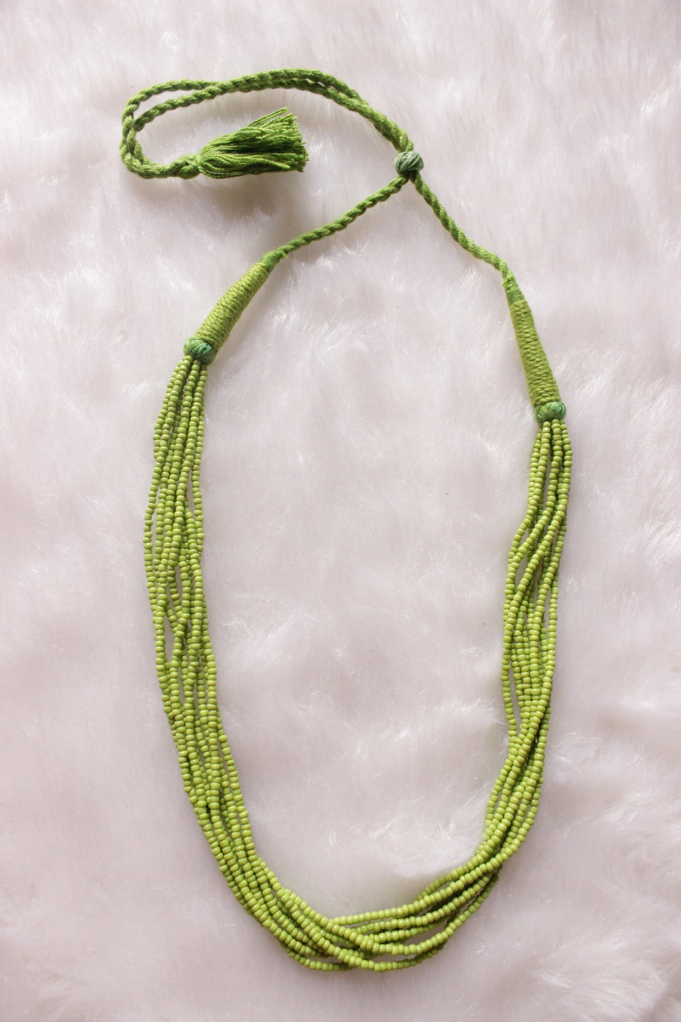 Green Beads Braided in Fabric Threads Necklace