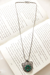 Green Gemstones Embedded Circular Pendant Oxidised Silver Chain Necklace
