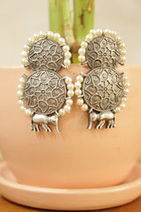 Premium Oxidised Silver Finish 2 Layer Circular Hand Carved Brass Metal Earrings