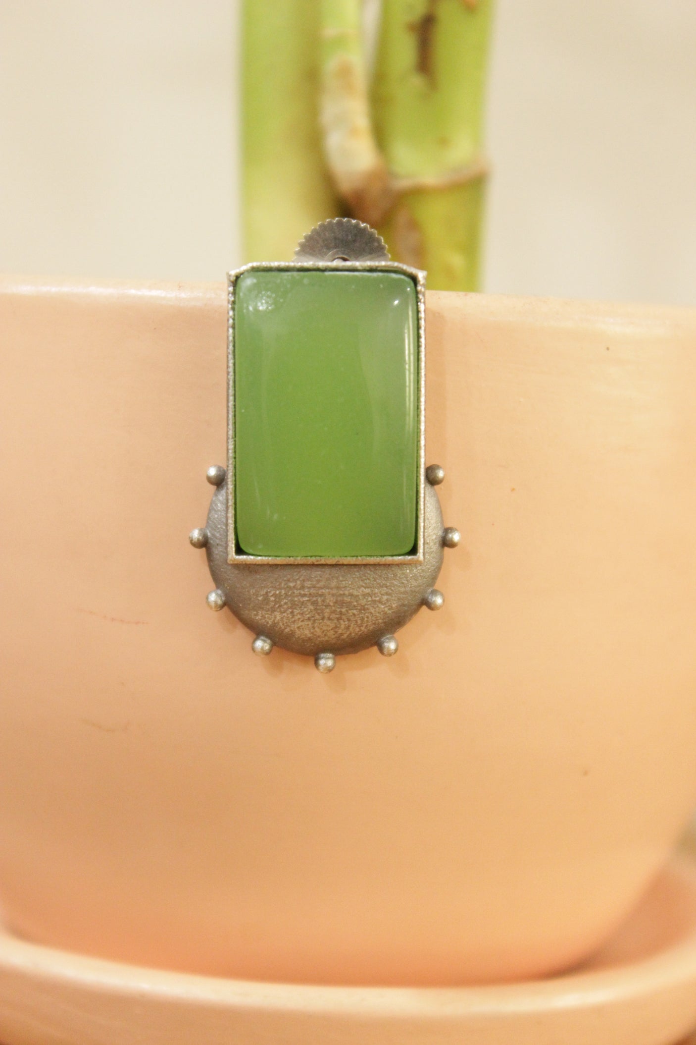 Clear Sea Green Statement Center Stone Embedded Oxidised Finish Brass Stud Earrings