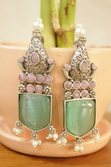 Sea Green Statement Stone Embedded Oxidised Finish Brass Earrings