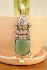 Sea Green Statement Stone Embedded Oxidised Finish Brass Earrings