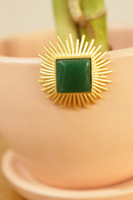 Bottle Green Natural Gemstone Embedded Gold Finish Sun Motif Brass Earrings