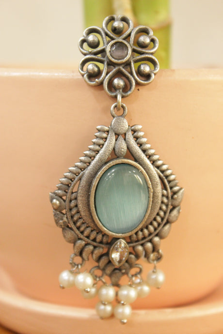 Blue Natural Gemstone Embedded Tear Drop Shaped Oxidised Finish Brass Earrings