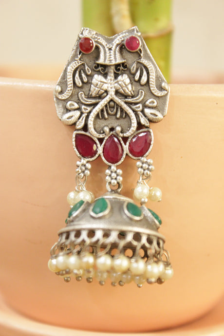 Ruby Red & Green Natural Gemstones Embedded Intricately Detailed Brass Jhumka Earrings