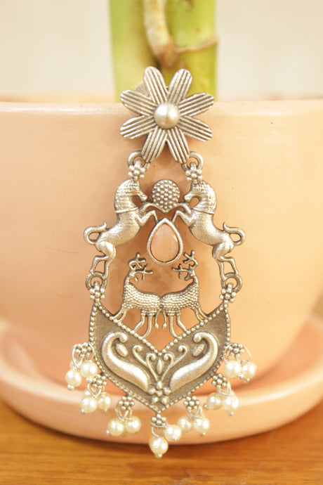 Horse and Deer Motifs Silver Finish Statement Brass Earrings