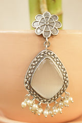 Ivory Center Stone Embedded Oxidised Finish Brass Earrings