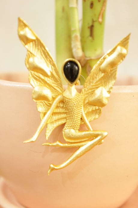 Butterfly and Girl Silhouette Bright Gold Finish Statement Earrings