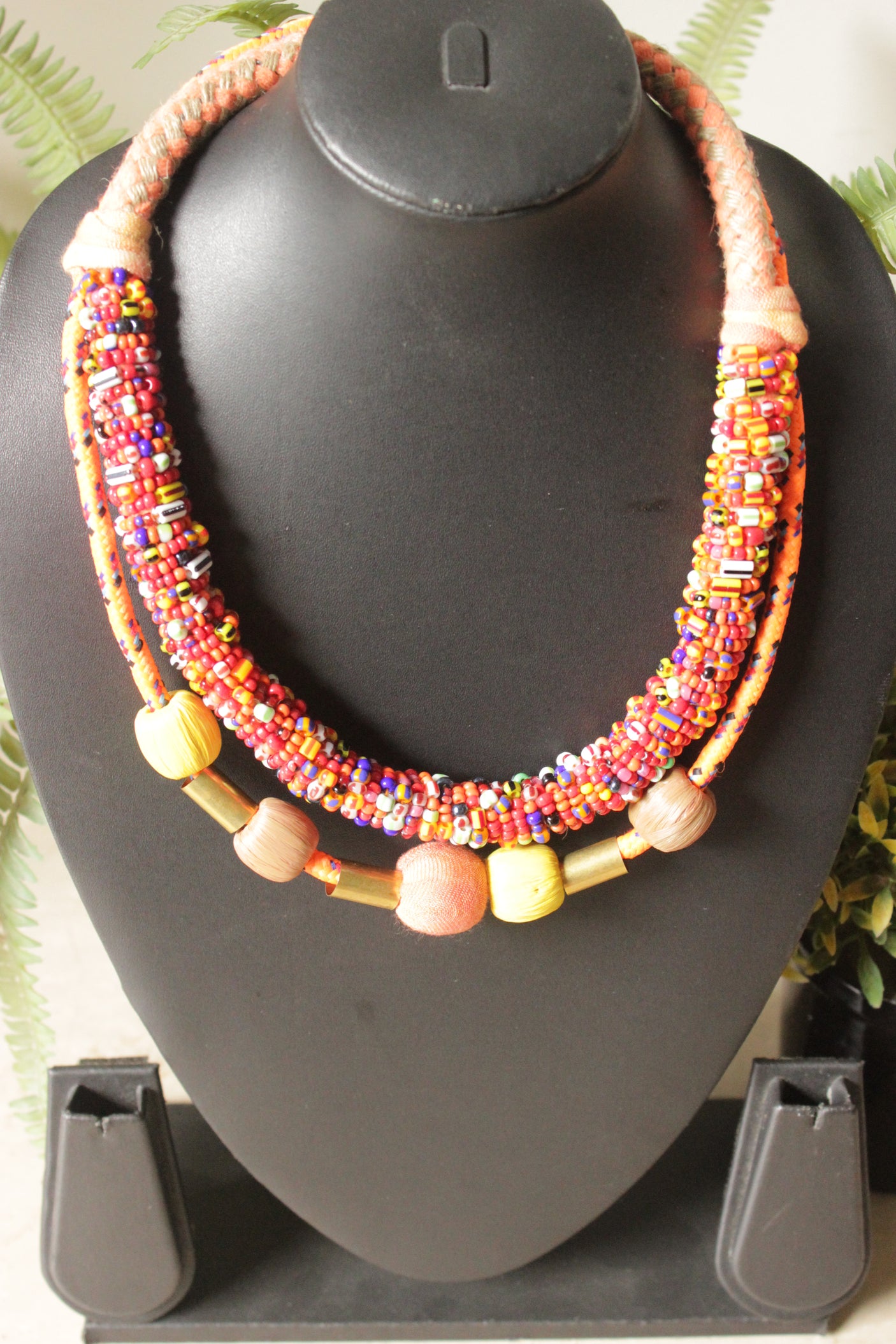Multi-Color Beaded with Fabric Beads and Metal Charms 2 Layer Necklace