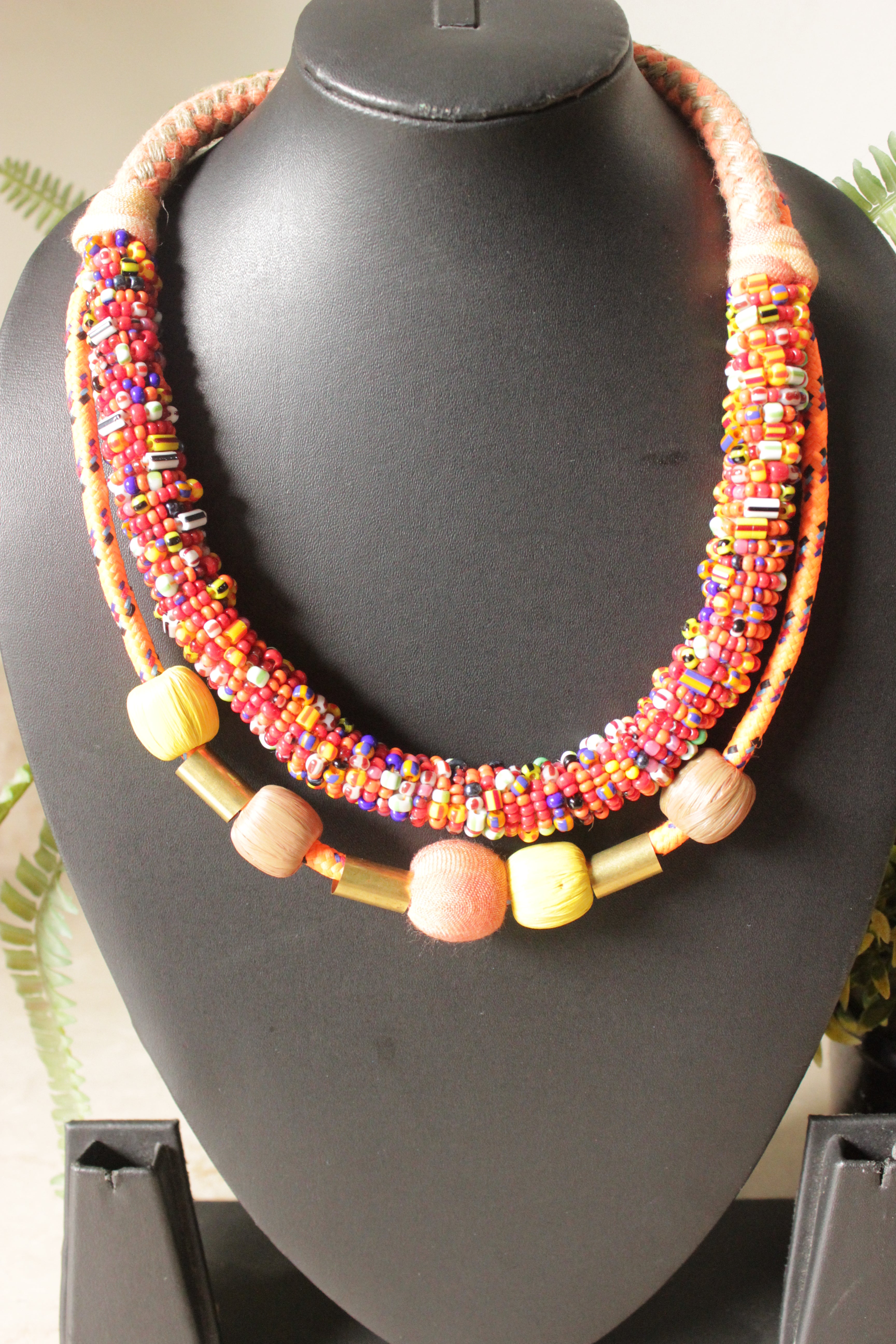 Multi-Color Beaded with Fabric Beads and Metal Charms 2 Layer Necklace