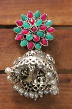 Load image into Gallery viewer, Red and Green Glass Stones Embedded Oxidised Finish Jhumka Earrings
