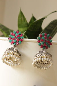 Red and Green Glass Stones Embedded Oxidised Finish Jhumka Earrings