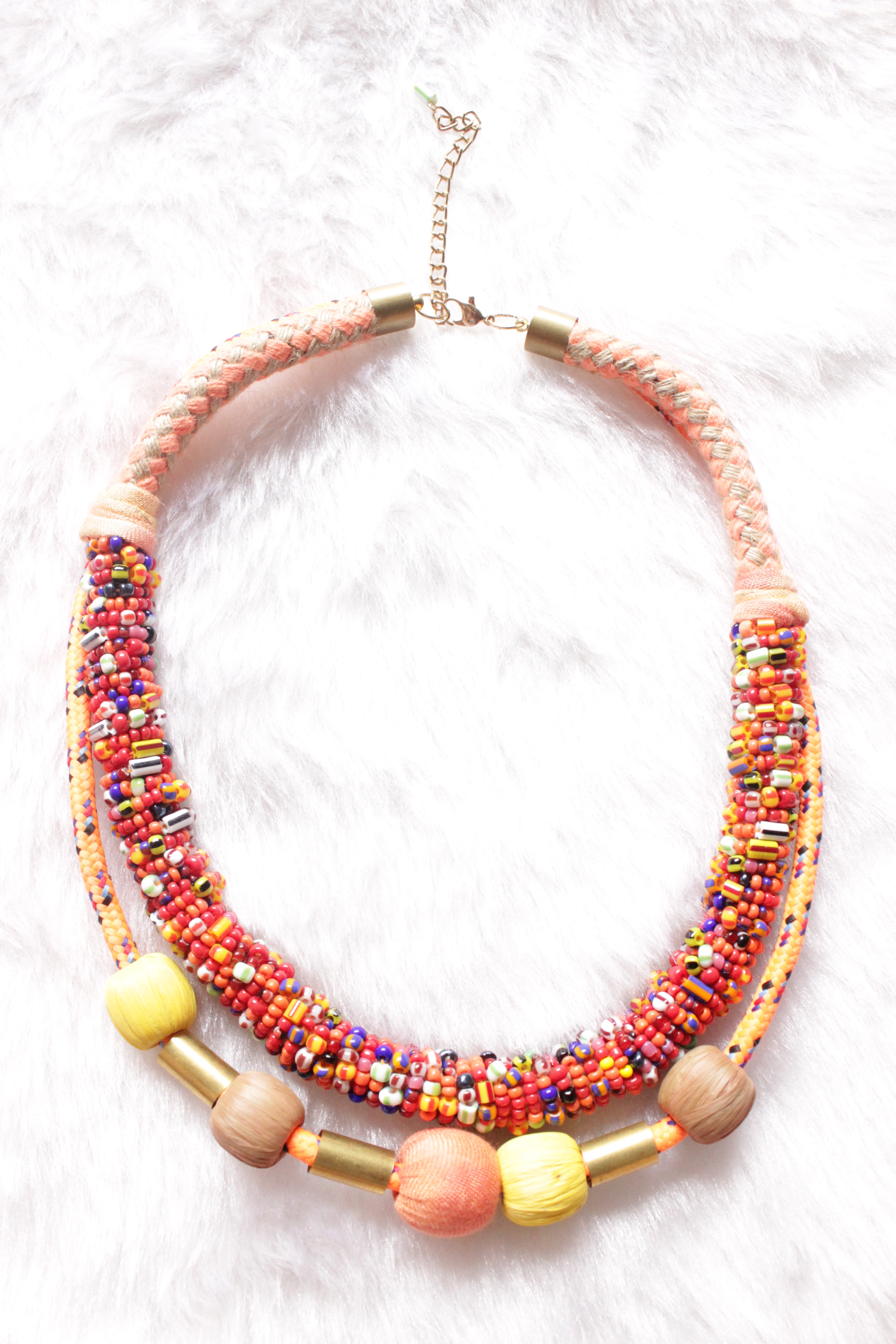 Multi-Color Beaded with Fabric Beads and Metal Charms 2 Layer Necklace