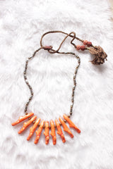 Orange Abstract Shape Acrylic Beads Necklace Braided with Metal Beads