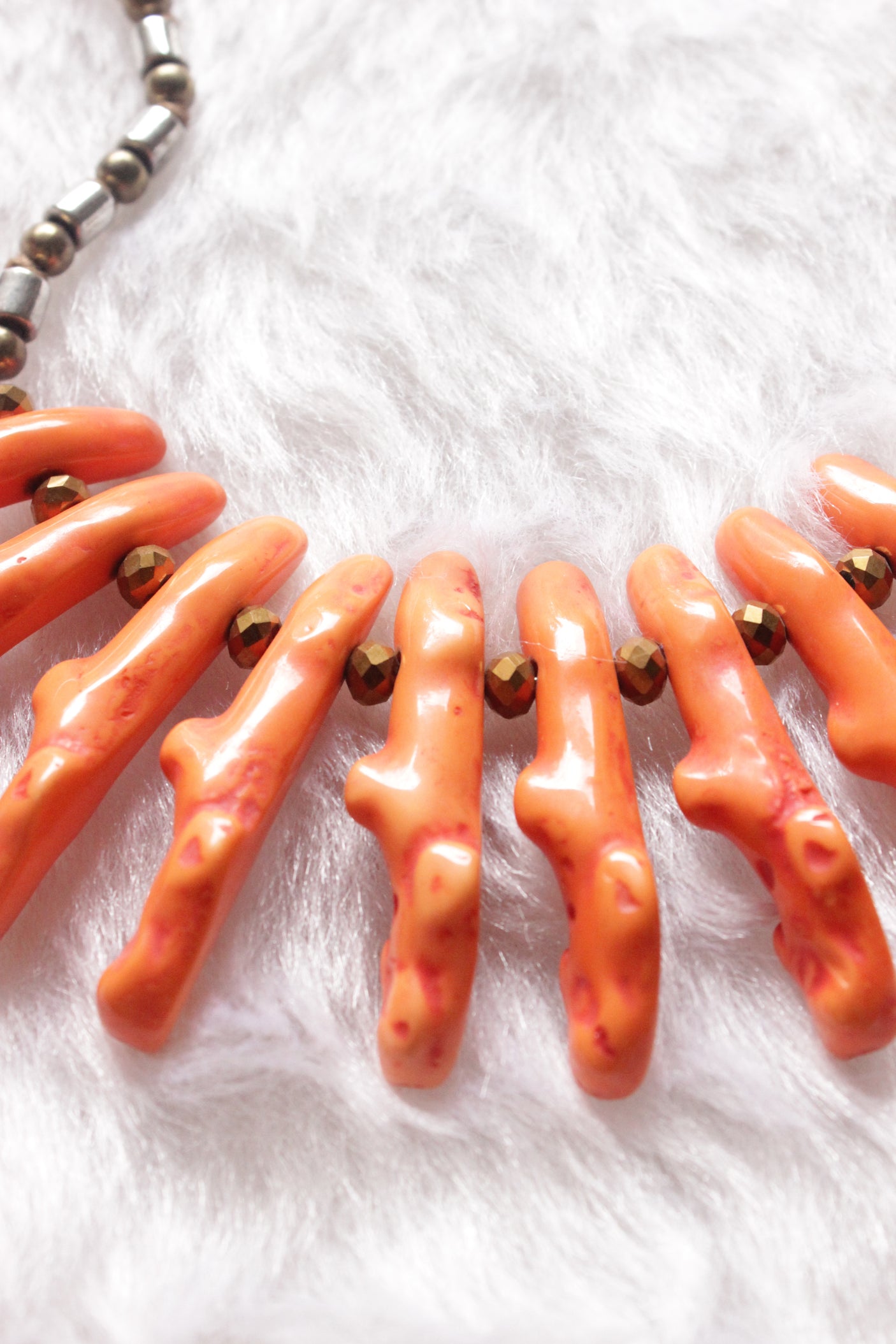 Orange Abstract Shape Acrylic Beads Necklace Braided with Metal Beads