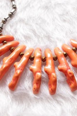 Orange Abstract Shape Acrylic Beads Necklace Braided with Metal Beads