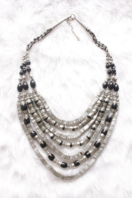 Silver and Black Braided Metal Beads Chain Necklace