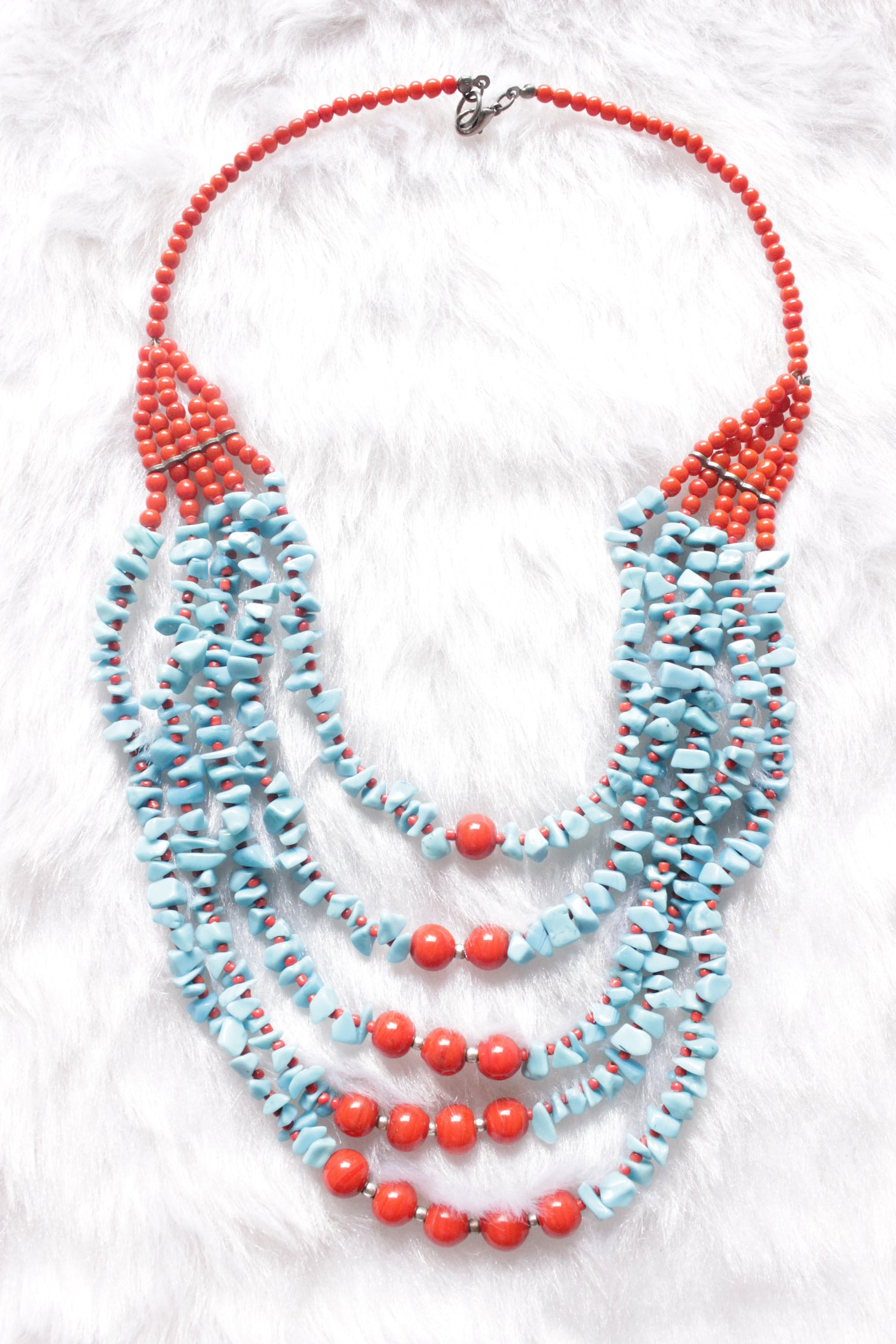 Turquoise and Red Acrylic Beads Vibrant 5 Layer Necklace