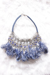 Blue Pom Poms Embellished Metal Choker Necklace