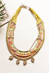 Vibrant Orange and Yellow Braided Threads and Metal Shells Handmade Boho Necklace