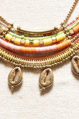 Vibrant Orange and Yellow Braided Threads and Metal Shells Handmade Boho Necklace