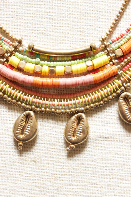 Vibrant Orange and Yellow Braided Threads and Metal Shells Handmade Boho Necklace