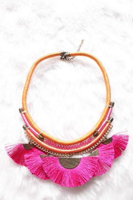 Pink Pom Poms Embellished Hand Braided Threads Metal Choker