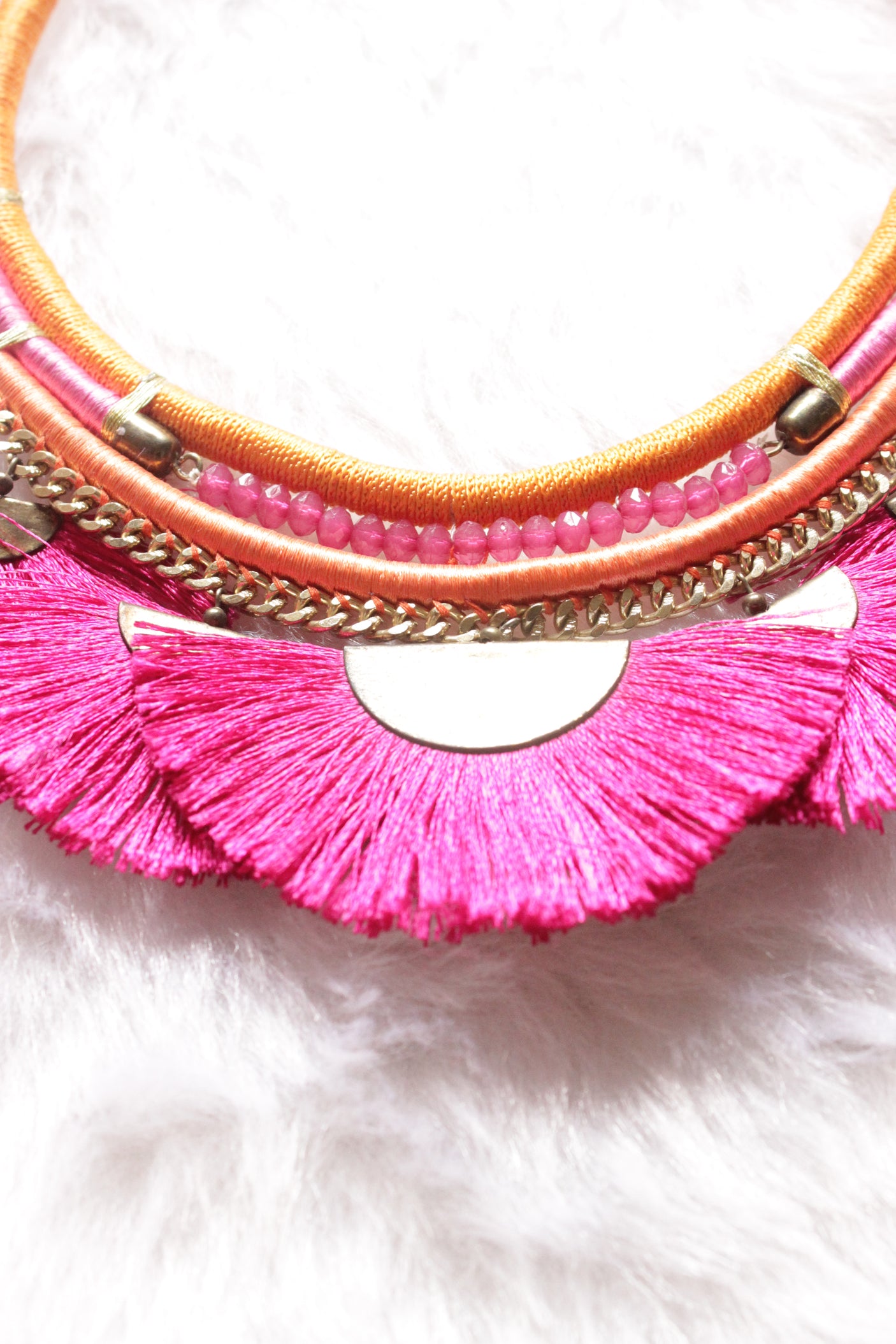 Pink Pom Poms Embellished Hand Braided Threads Metal Choker