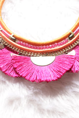 Pink Pom Poms Embellished Hand Braided Threads Metal Choker