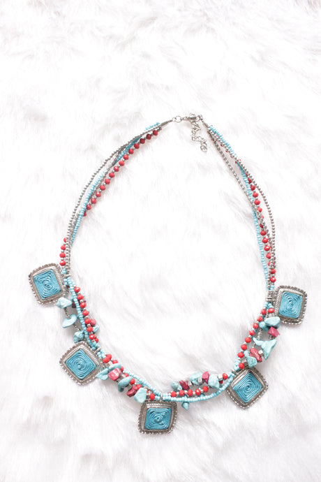 Hand Braided Turquoise and Red Multi-Layer Choker Necklace