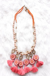Hand Braided Pink & Orange Beads Long Necklace