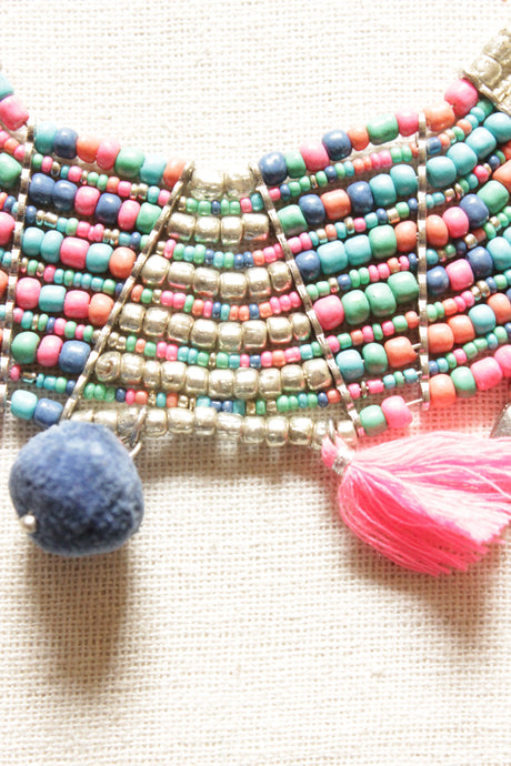 Vibrant Pink, Blue and Silver Beads Handmade Necklace Embellished with Pom Poms and Shells