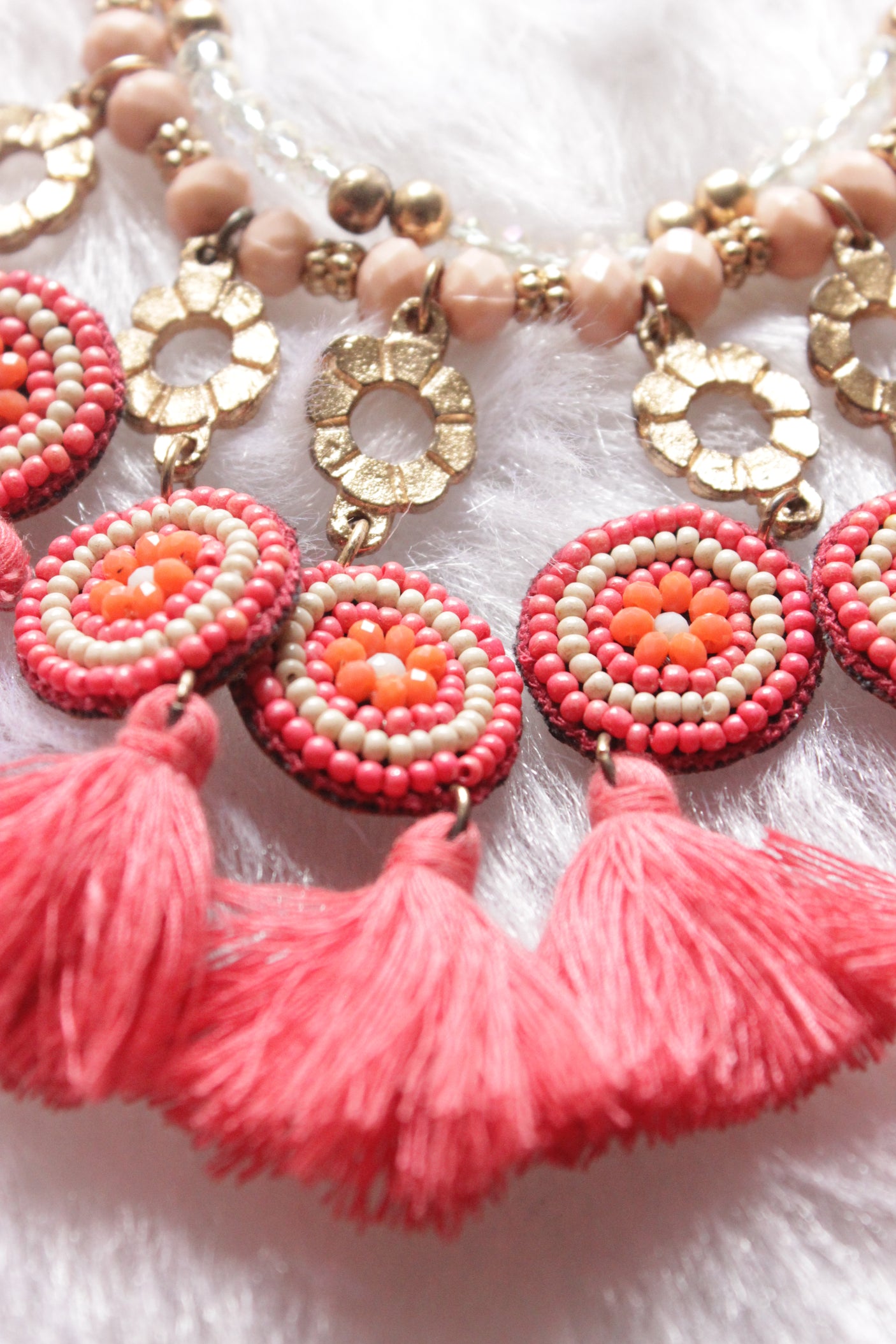 Hand Braided Pink & Orange Beads Long Necklace