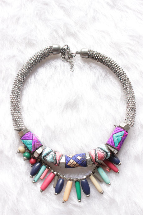 Hand Embroidered Fabric and Wooden Beads 2 Layer Choker Necklace