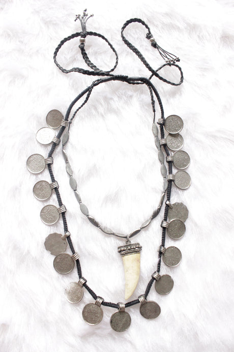 Vintage Stamped Metal Coins 2 Layer Long Necklace