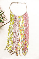 Multi-Color Glass and Acrylic Beads Hand Braided Long Multi-Layer Choker Necklace