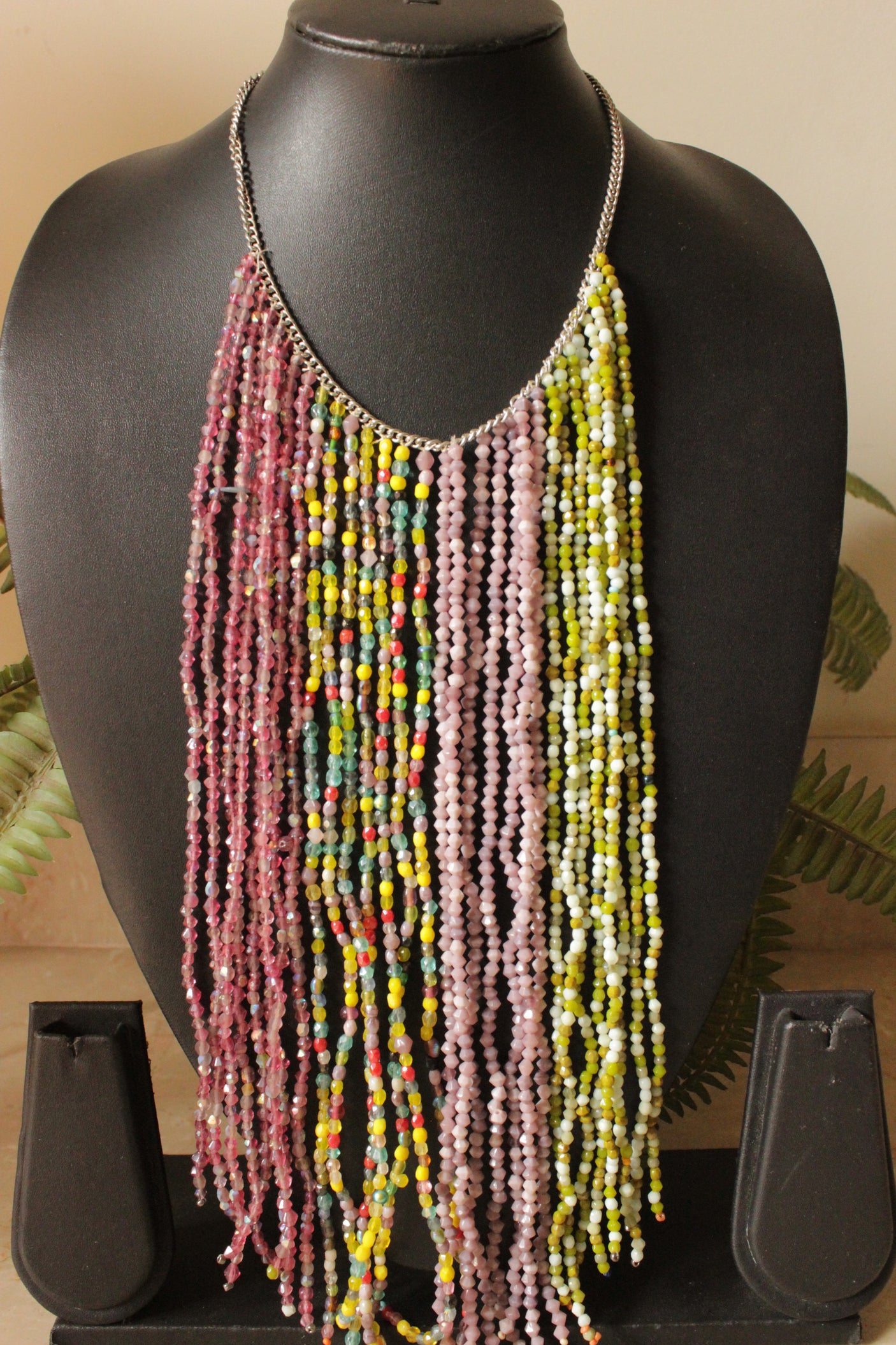 Multi-Color Glass and Acrylic Beads Hand Braided Long Multi-Layer Choker Necklace