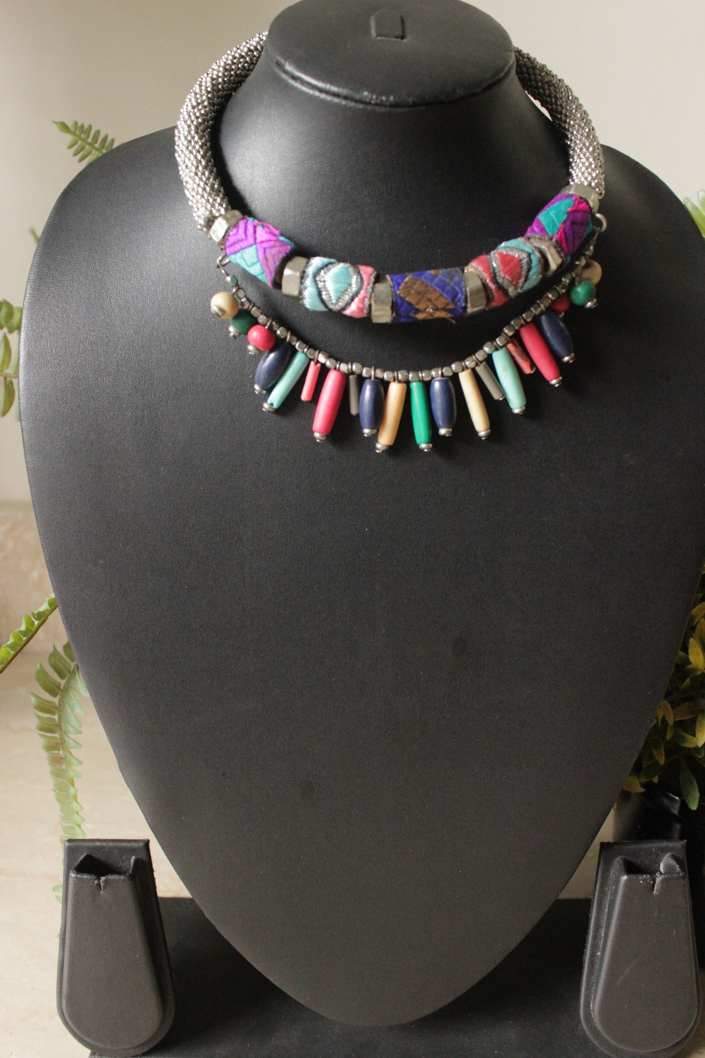 Hand Embroidered Fabric and Wooden Beads 2 Layer Choker Necklace