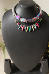 Hand Embroidered Fabric and Wooden Beads 2 Layer Choker Necklace