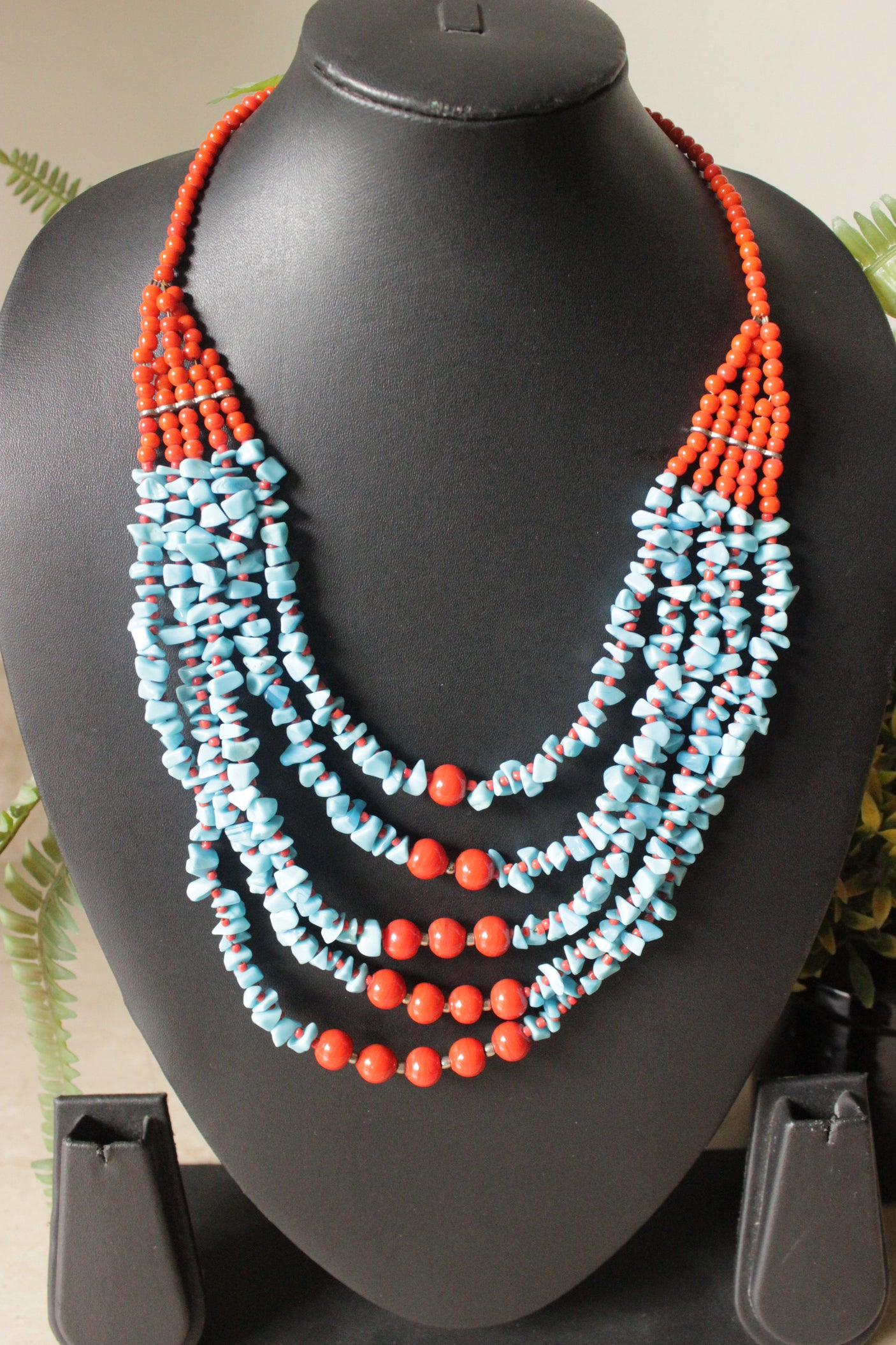 Turquoise and Red Acrylic Beads Vibrant 5 Layer Necklace