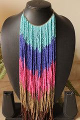 Shades of Blue, Pink and Gold Beads Hand Braided Long Multi-Layer Choker Necklace