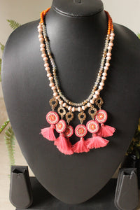 Hand Braided Pink & Orange Beads Long Necklace