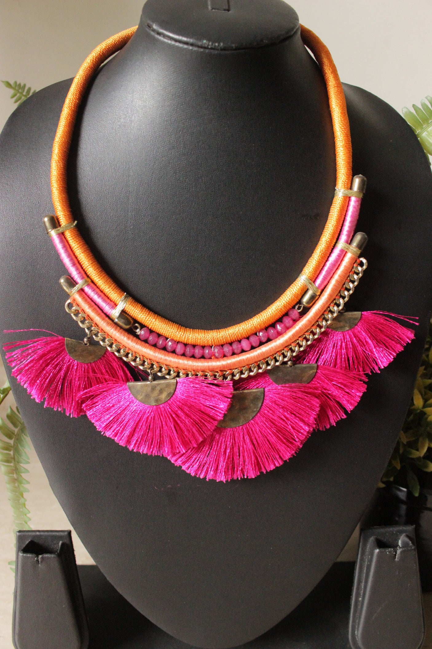 Pink Pom Poms Embellished Hand Braided Threads Metal Choker