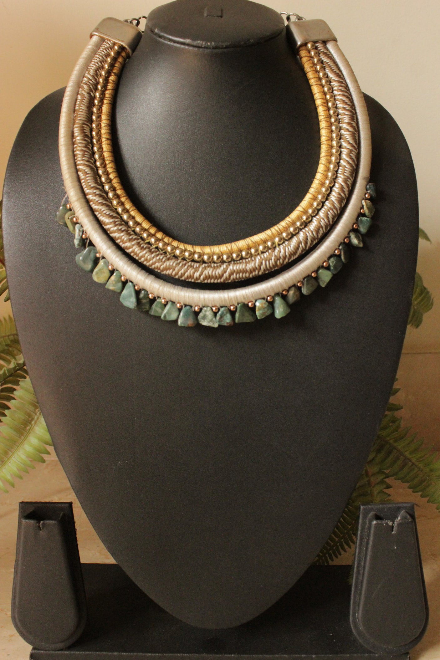 Braided Golden and Silver Threads and Sea Green Stones Handmade Boho Necklace