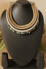 Braided Golden and Silver Threads and Sea Green Stones Handmade Boho Necklace
