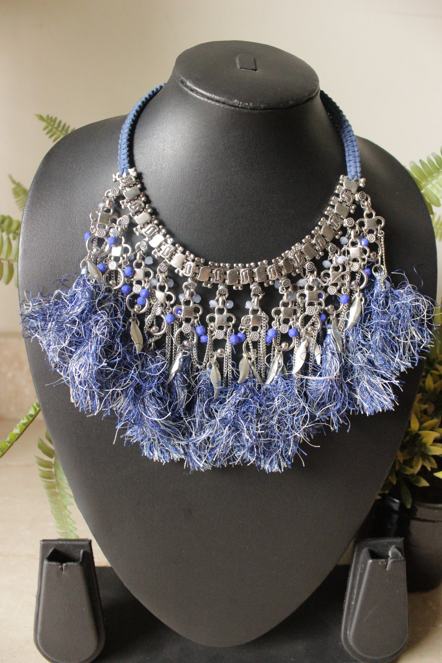 Blue Pom Poms Embellished Metal Choker Necklace
