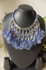 Blue Pom Poms Embellished Metal Choker Necklace