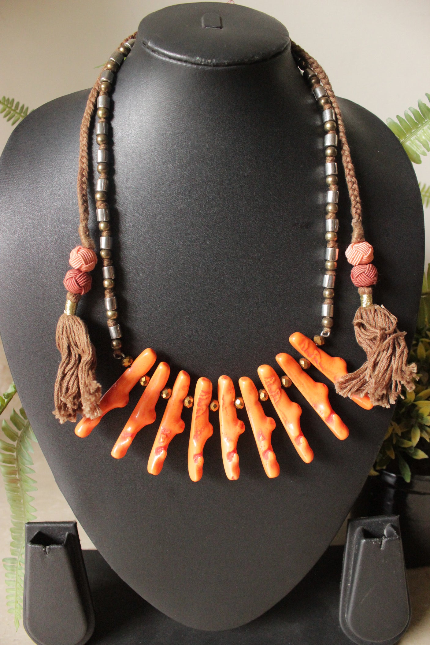 Orange Abstract Shape Acrylic Beads Necklace Braided with Metal Beads